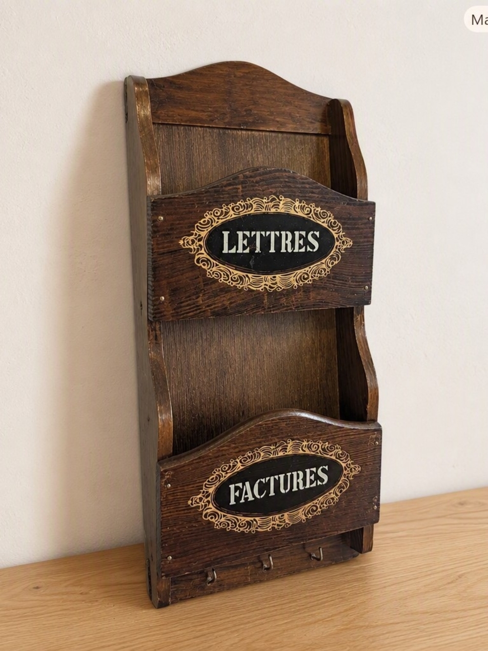 Vintage Style Dark Brown Wooden Wall Mail Organizer - 'Lettres' & 'Factures' - Picture 1 of 8